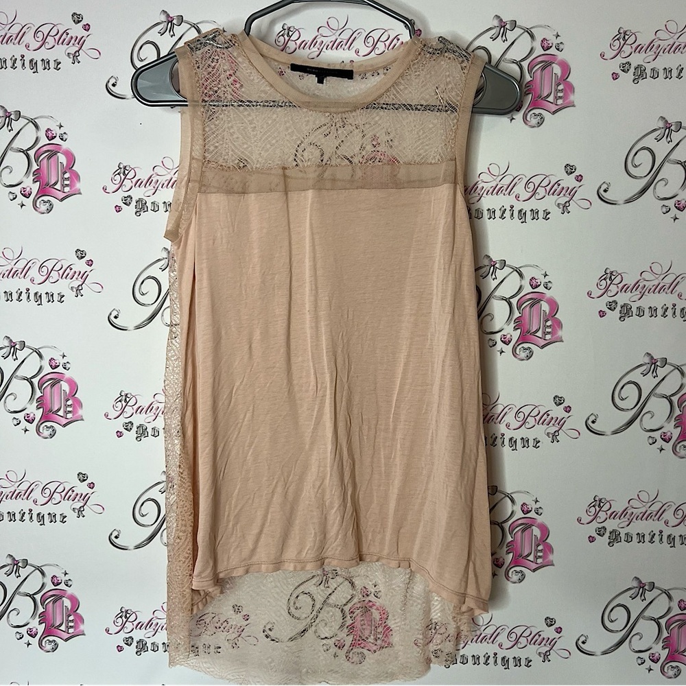 BCBGMaxAzria tank top Tan Asymmetrical Ruched Sleeveless Blouse Lacie lace beige